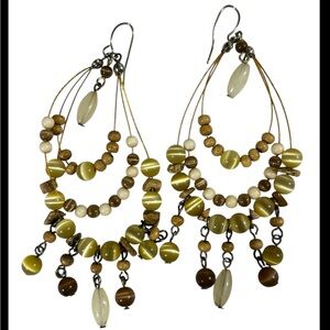 Boho‎ Chandelier Earrings - Natural Tiger’s Eye & Green Cat-Eye Stones
